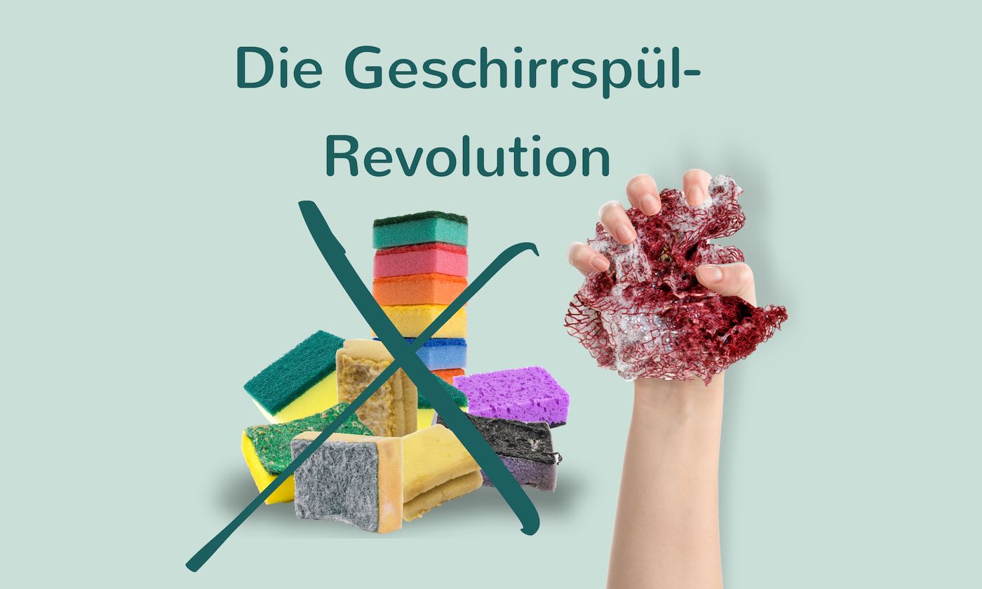 Die Spülschwamm Revolution: Benutzte Spülschwämme und eine Hand mit Fischnetz als nachhaltige Küchenschwamm Alternative.