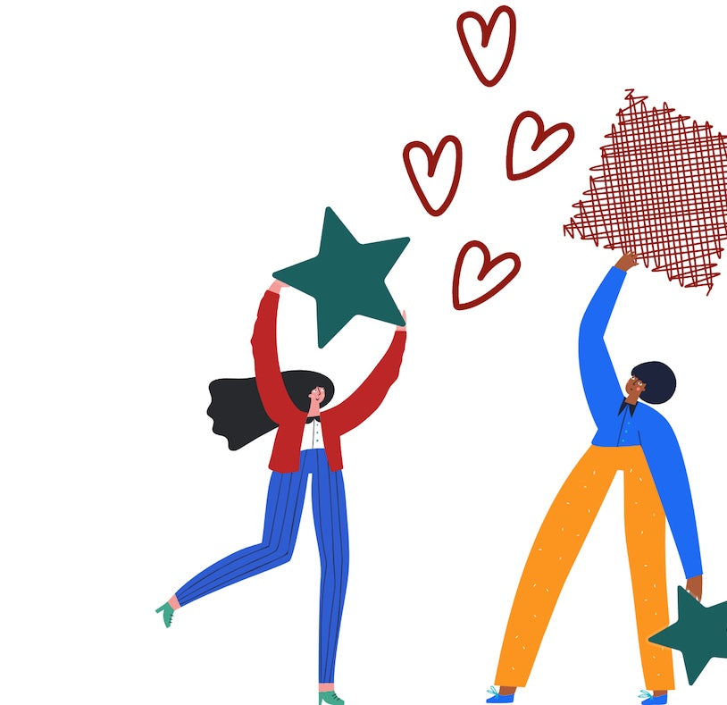 Zwei Frauen mit Fischnetz with Benefits und zwei grünen Bewertungssternen.