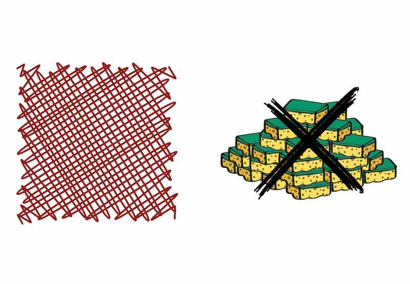 The best alternative for kitchen / dish sponges. One red fishnet as a replacement for 40 sponges. The style is sketch.