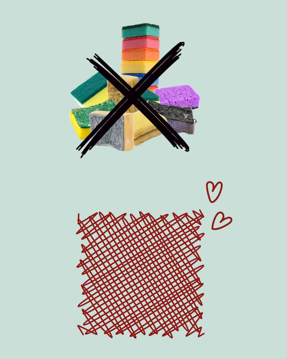 Top: used kitchen sponges. Bottom: a red Fischnetz With Benefits