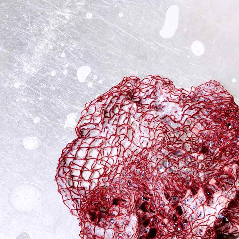 Fischnetz With Benefits as an antibacterial sponge for dishes kitchen sponge alternative. The red net is wet and has foam on it. It is lying in a kitchen sink.