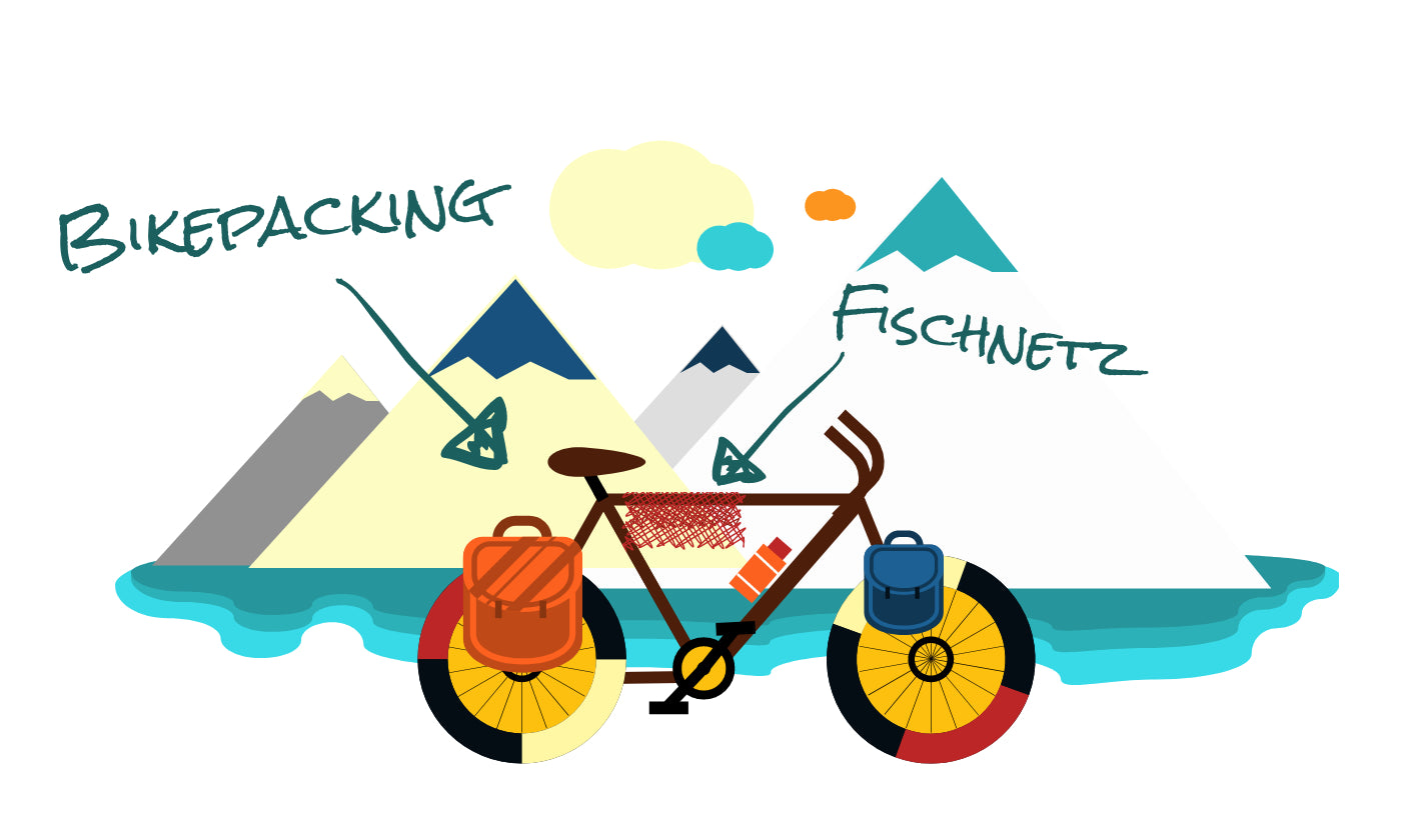 Hygienic bikepacking, Sketch of a bike with a fishnet as a sponge alternative.